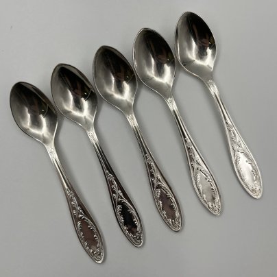 Набор кофейных ложек "Пламя" на 5 персон, мНЦ (медь-никель-цинк), Кольчугинский завод цветных металлов, СССР, 1970-1990 гг.