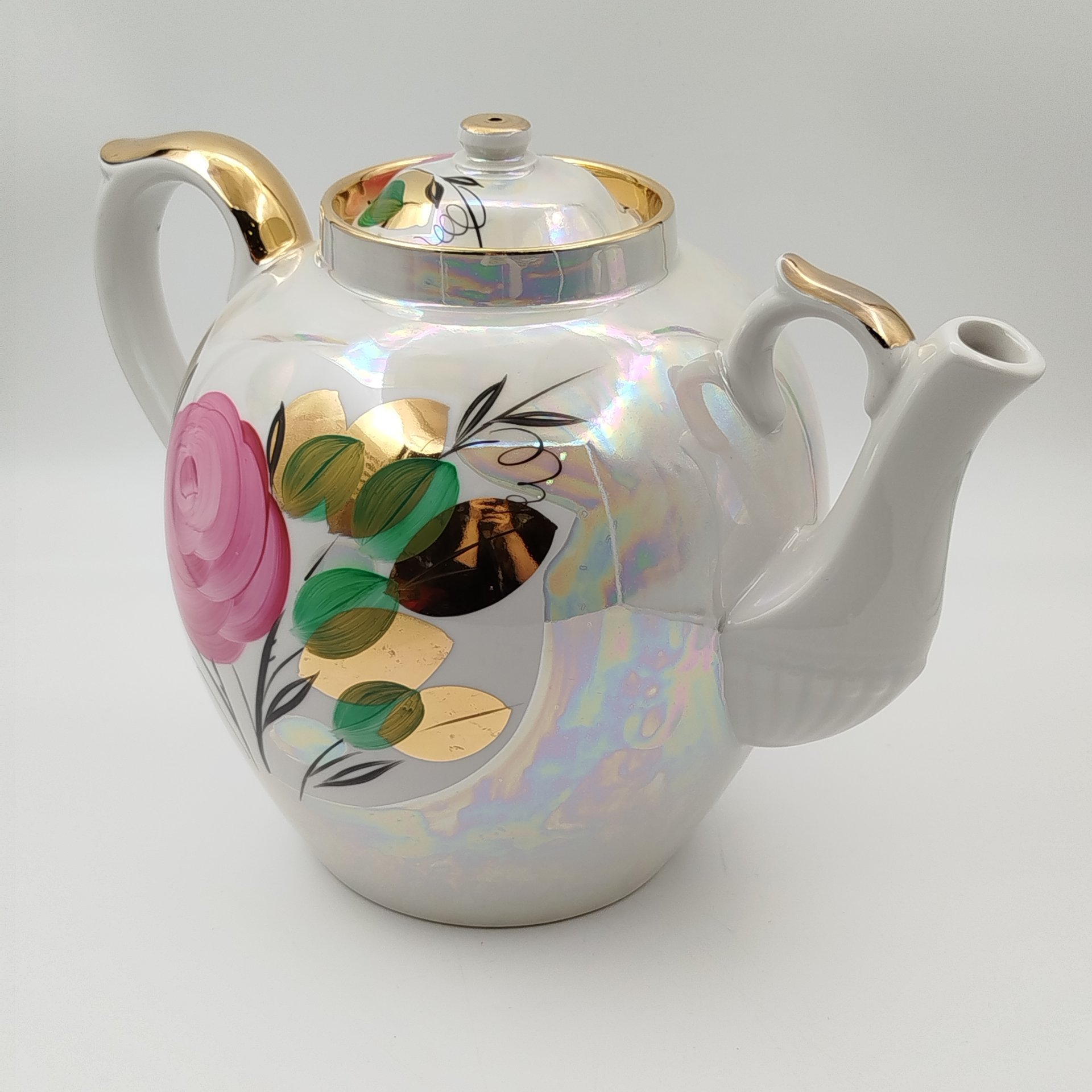 Чайник доливной "Роза", фарфор, люстр, золочение, роспись, Дулевский фарфоровый завод (Дулёво), СССР, 1968-1991 гг.