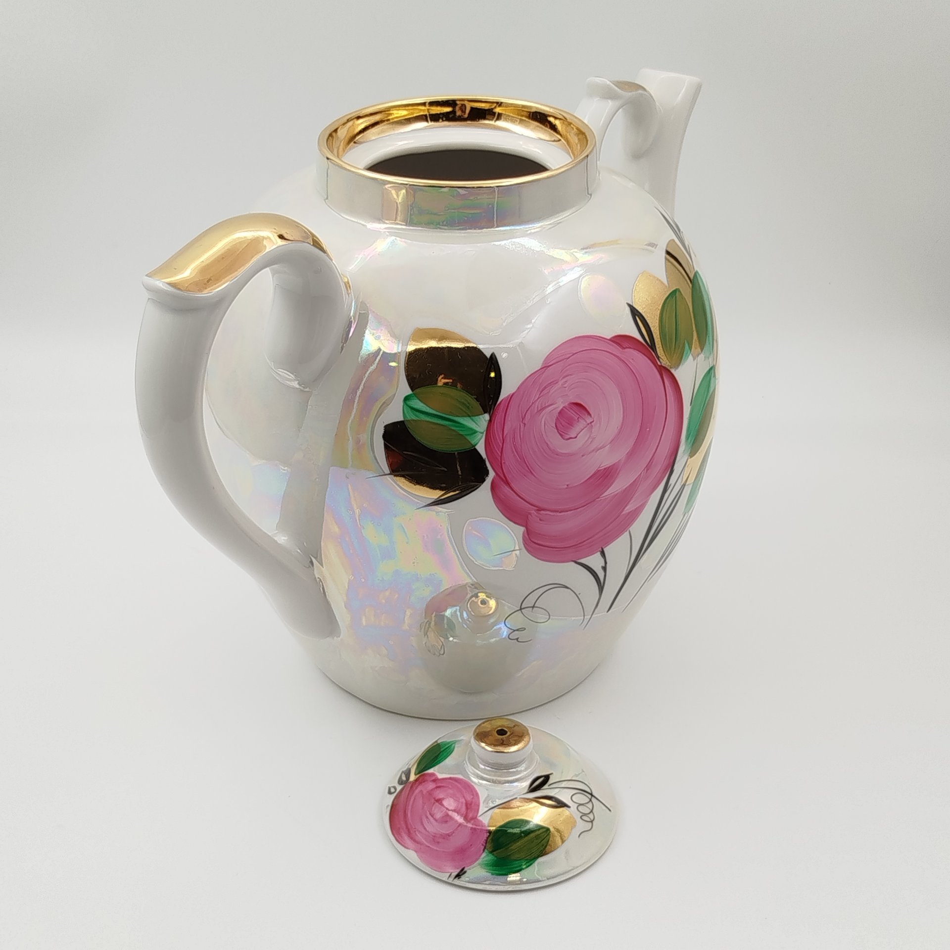 Чайник доливной "Роза", фарфор, люстр, золочение, роспись, Дулевский фарфоровый завод (Дулёво), СССР, 1968-1991 гг.