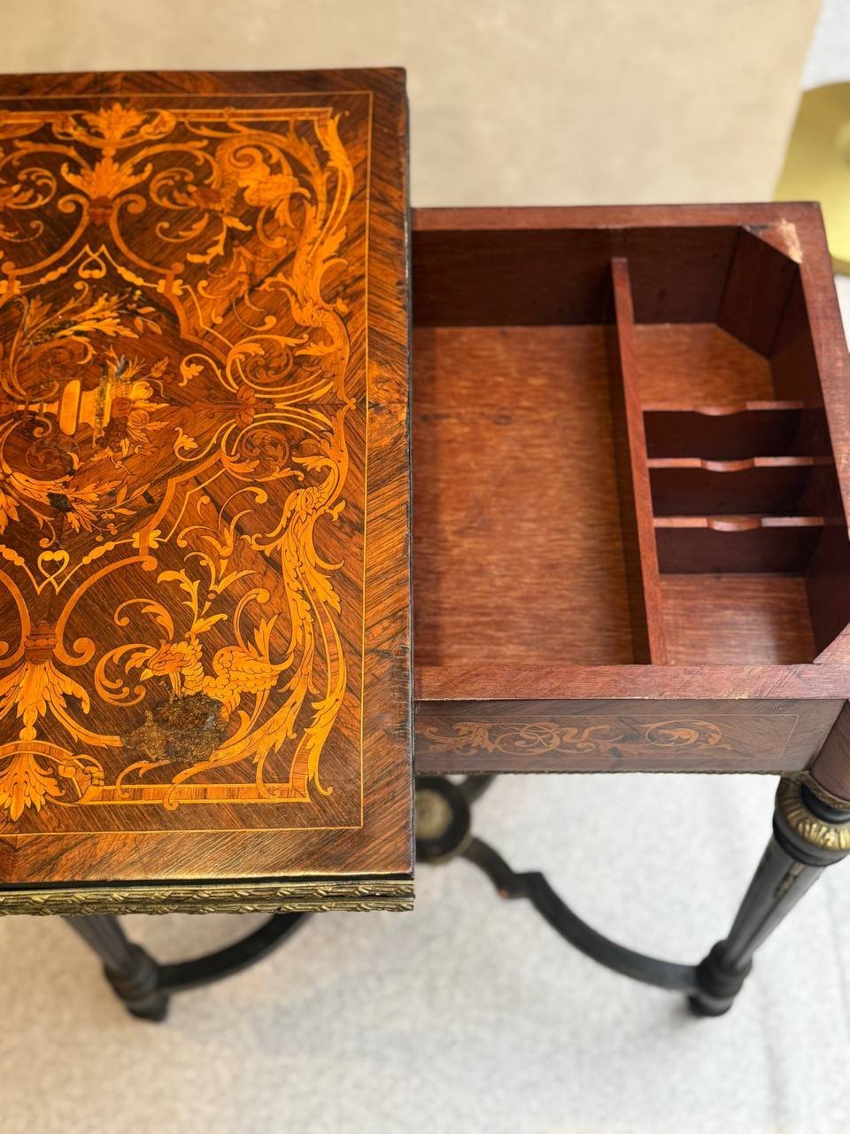 Столик ломберный с маркетри, дерево, инкрустация, сукно, металл, Западная Европа, 1880-1910 гг.