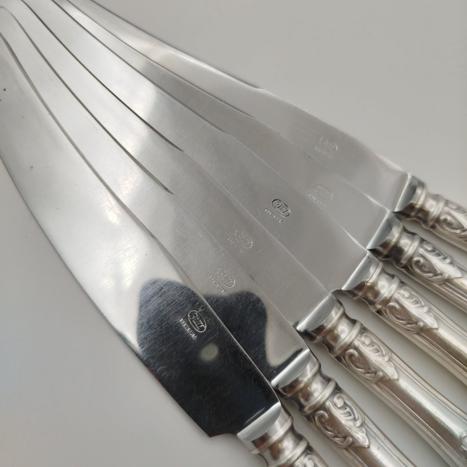 Набор столовых ножей "Пламя" на 6 персон, мНЦ (медь-никель-цинк), Вольнянский завод столовых приборов им. Шевченко (ЗiШ, ЗиШ), СССР, 1970-1990 гг., Вольнянский завод столовых приборов им. Шевченко (ЗiШ