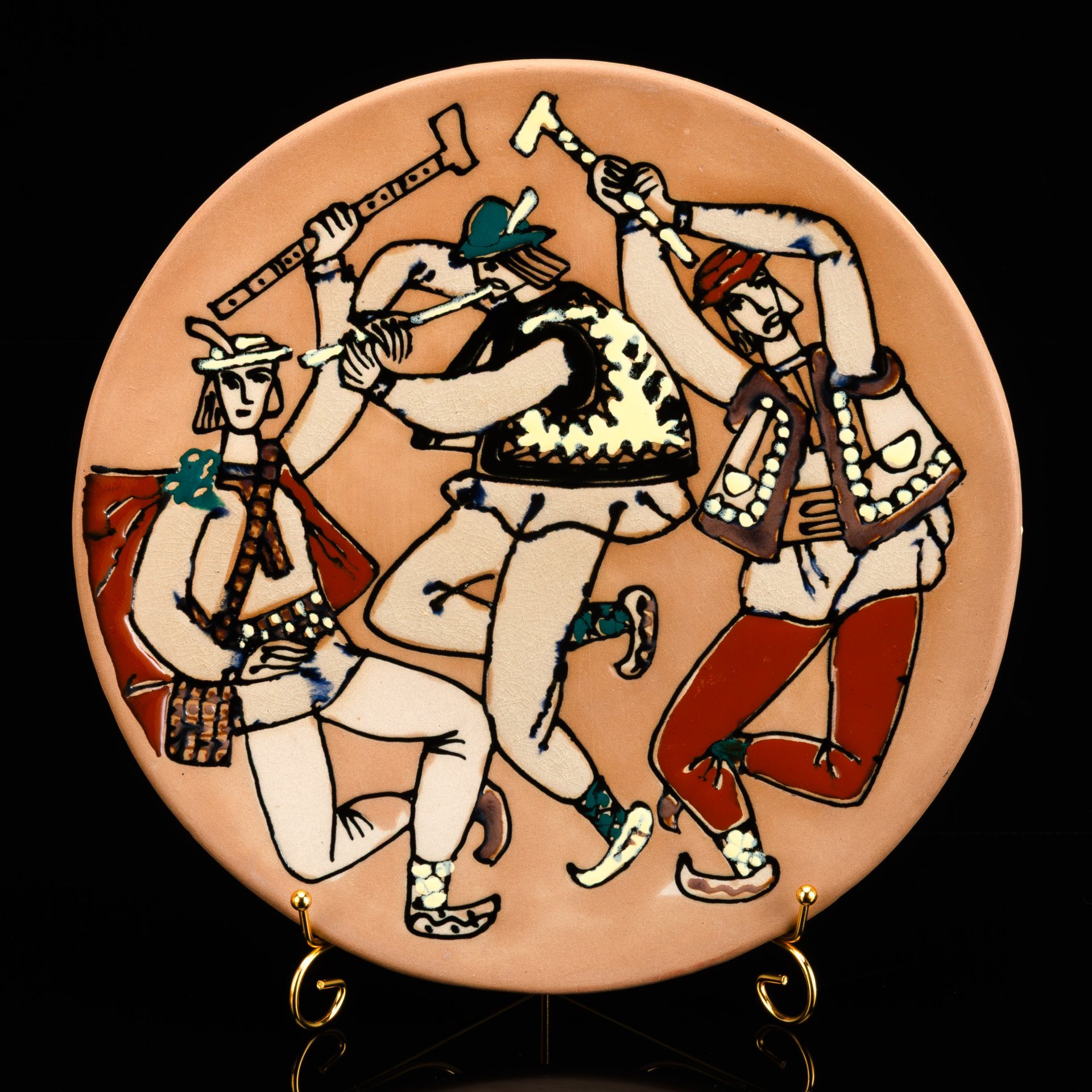 Декоративное настенное блюдо «Гуцульский танец», керамика, роспись, глазурь, Львовская керамико-скульптурная фабрика (ЛКСФ), СССР, 1970-1980 гг.