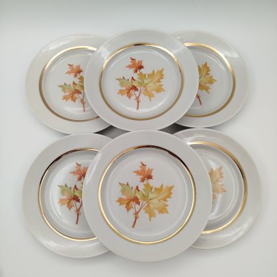 Набор из 6-ти десертных тарелок "Кленовый лист", фарфор, деколь, золочение, Дулевский фарфоровый завод (Дулёво), СССР, 1968-1991 гг.