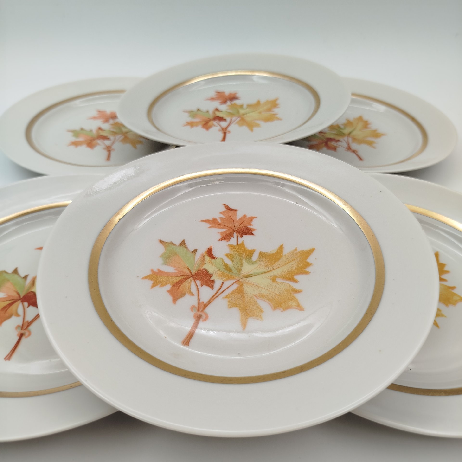 Набор из 6-ти десертных тарелок "Кленовый лист", фарфор, деколь, золочение, Дулевский фарфоровый завод (Дулёво), СССР, 1968-1991 гг.