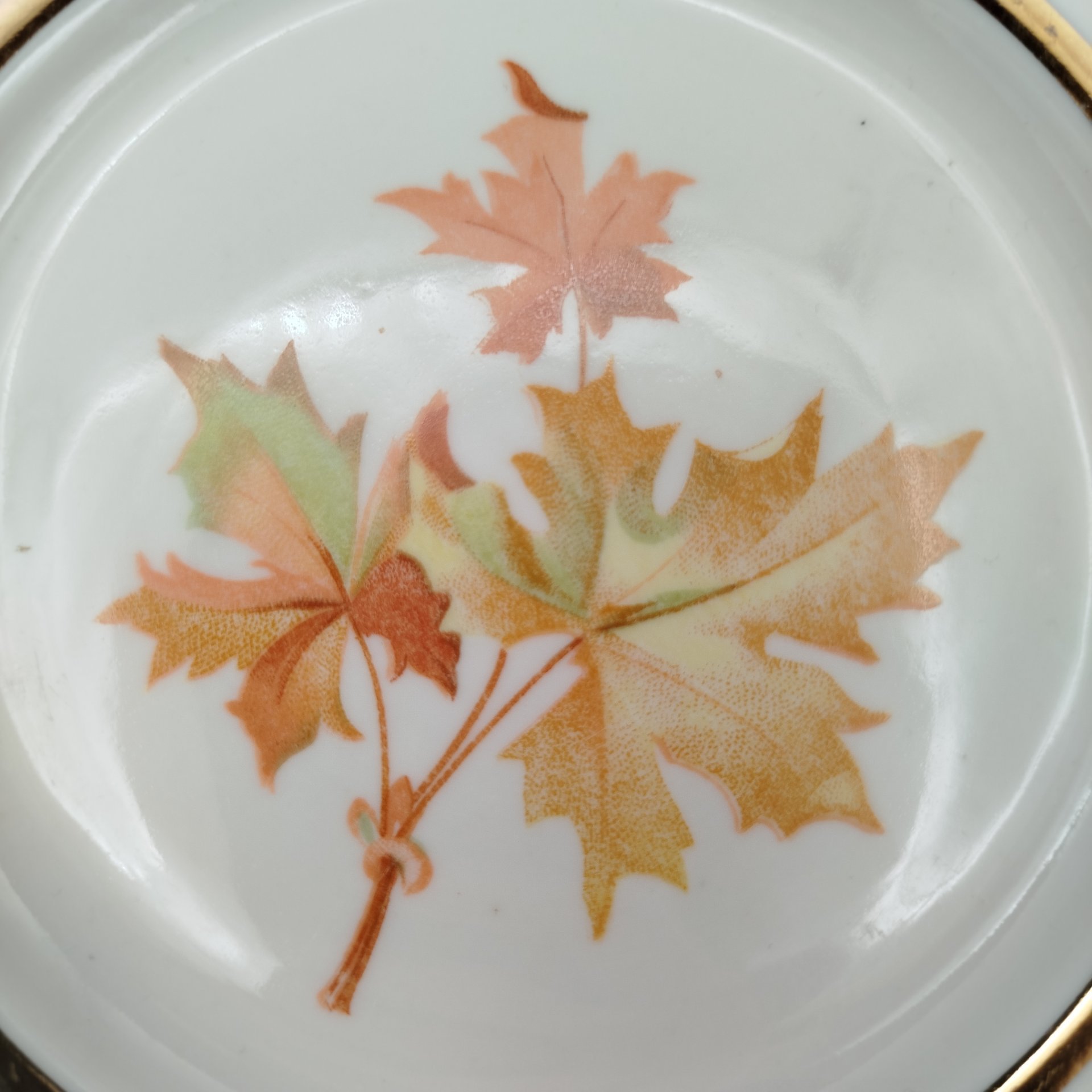 Набор из 6-ти десертных тарелок "Кленовый лист", фарфор, деколь, золочение, Дулевский фарфоровый завод (Дулёво), СССР, 1968-1991 гг.