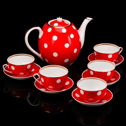 Сервиз чайный с узором в белый горошек на 5 персон (11 предметов), фарфор, крытье, золочение, Дмитровский фарфоровый завод (ДФЗ Вербилки), СССР, 1968-1991 гг.