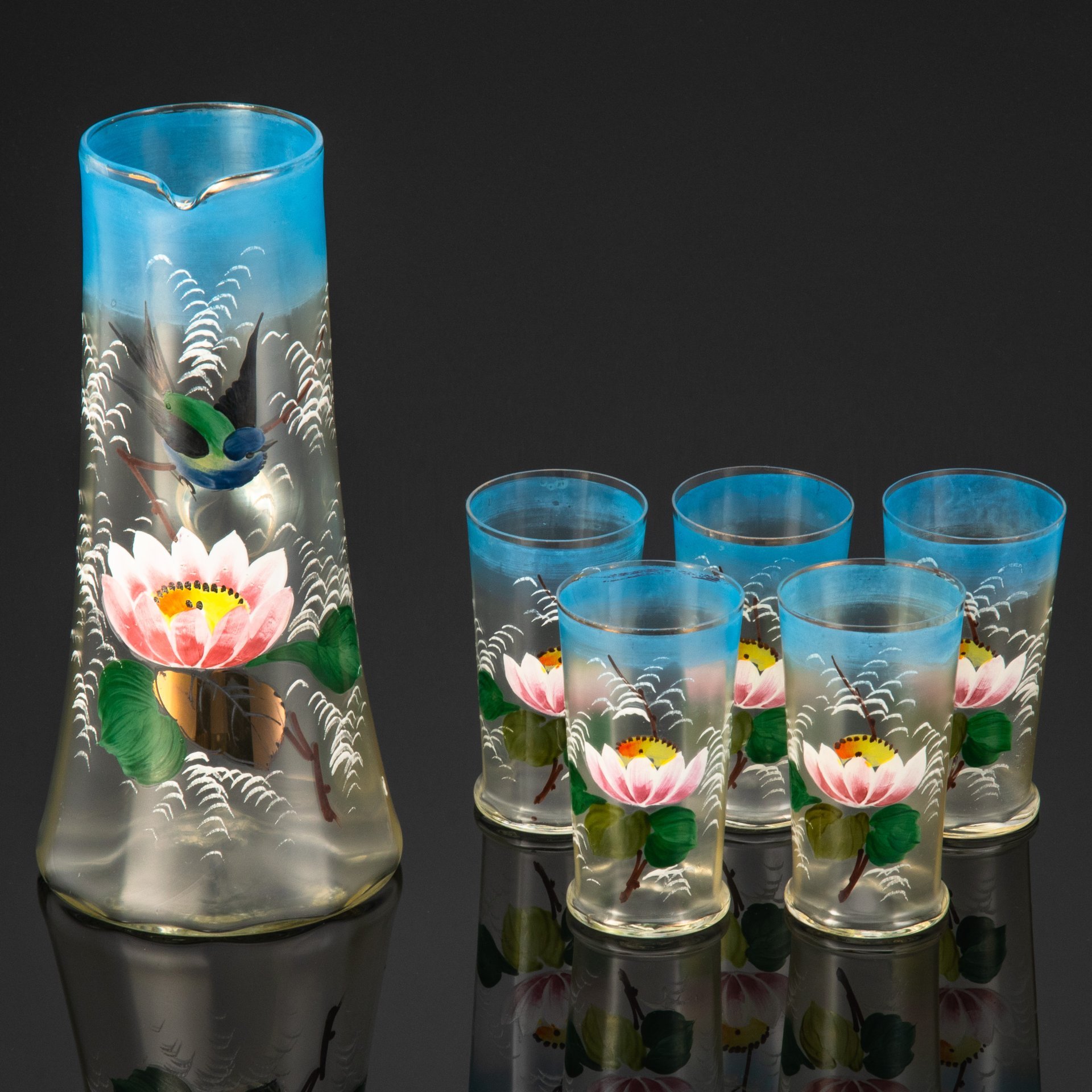 Набор для подачи прохладительных напитков на 5 персон (кувшин и 5 стаканов), украшенный цветами