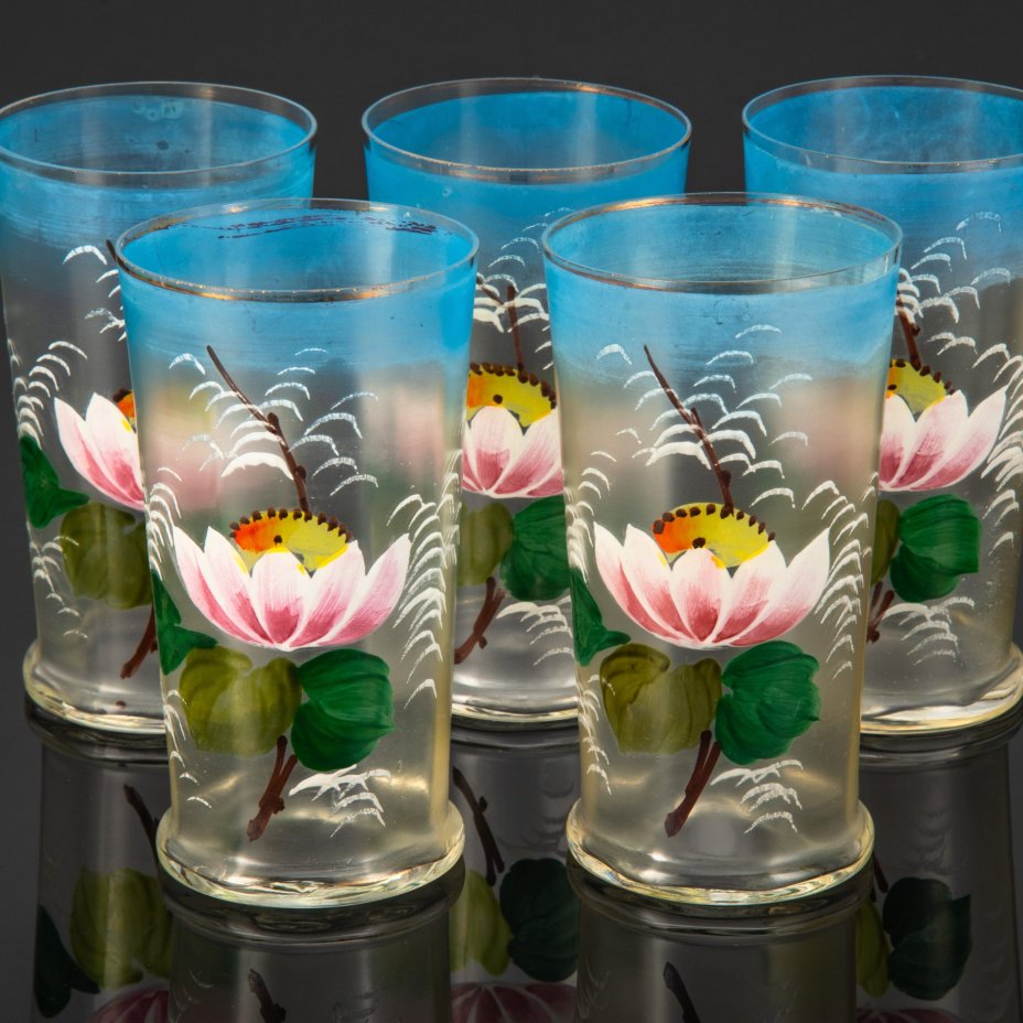 Набор для подачи прохладительных напитков на 5 персон (кувшин и 5 стаканов), украшенный цветами