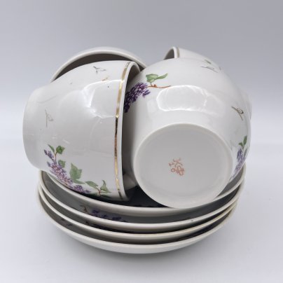 Набор из четырех чайных пар "Сирень", фарфор, деколь, золочение, Завод «Красный фарфорист» (Чудово, Грузинская фарфорово-фаянсовая фабрика), СССР, 1962-1971 гг.