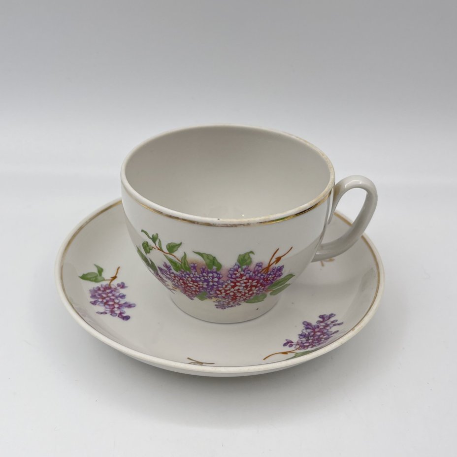 Набор из четырех чайных пар "Сирень", фарфор, деколь, золочение, Завод «Красный фарфорист» (Чудово, Грузинская фарфорово-фаянсовая фабрика), СССР, 1962-1971 гг.