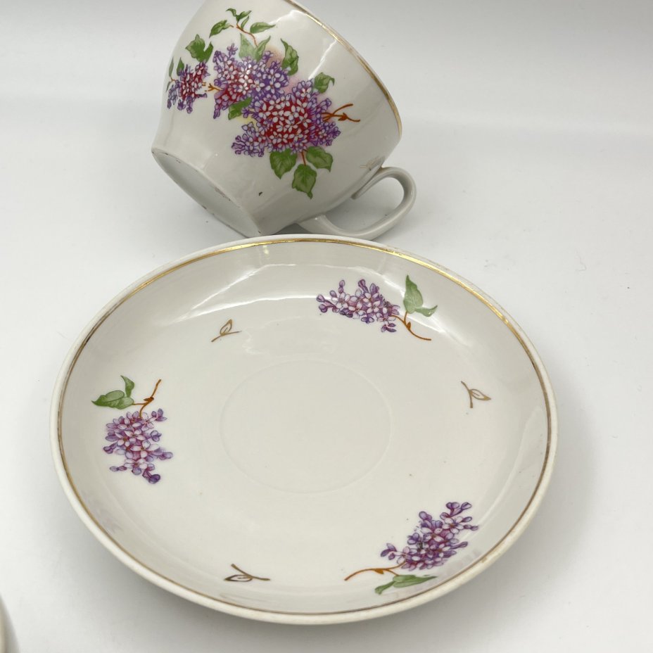 Набор из четырех чайных пар "Сирень", фарфор, деколь, золочение, Завод «Красный фарфорист» (Чудово, Грузинская фарфорово-фаянсовая фабрика), СССР, 1962-1971 гг.