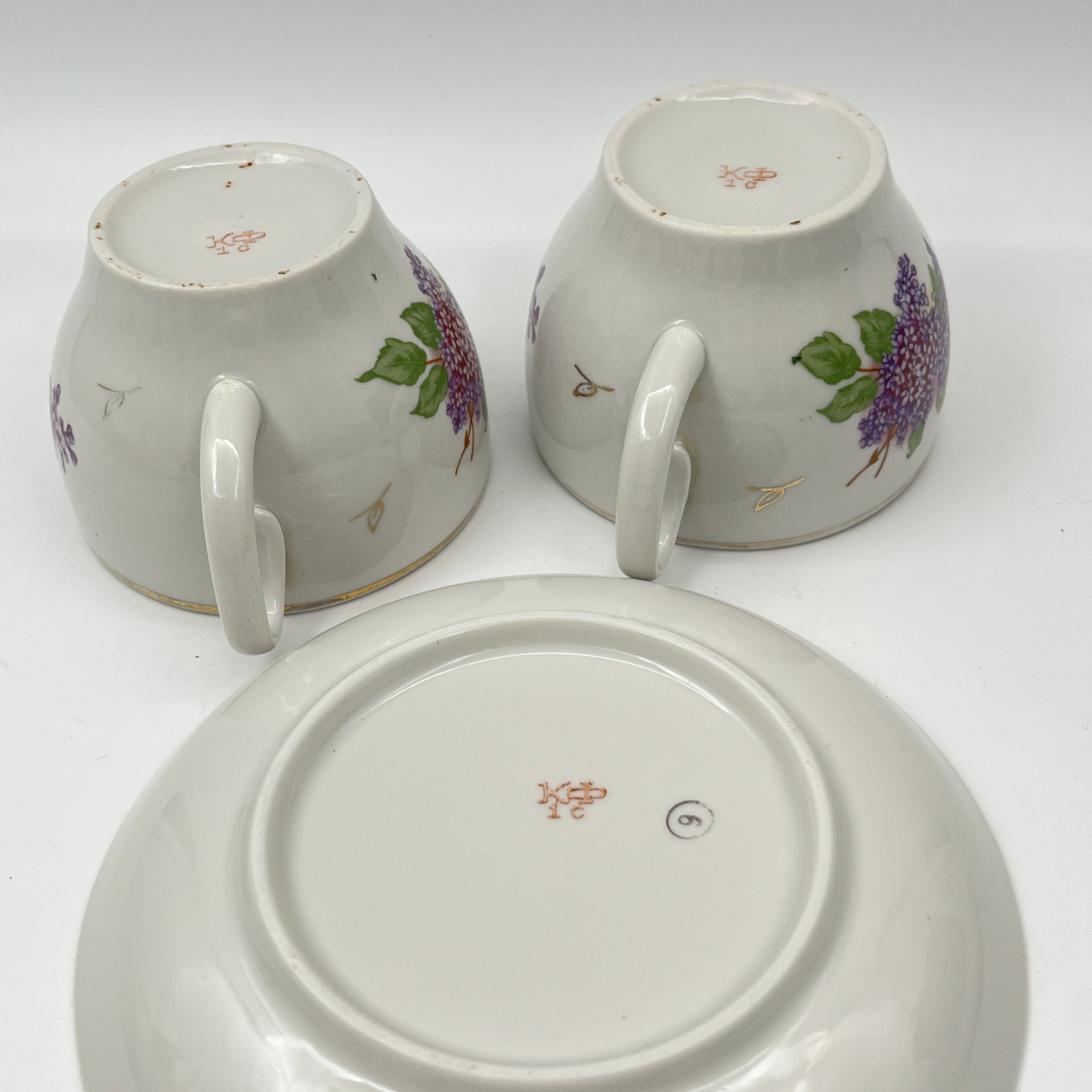 Набор из четырех чайных пар "Сирень", фарфор, деколь, золочение, Завод «Красный фарфорист» (Чудово, Грузинская фарфорово-фаянсовая фабрика), СССР, 1962-1971 гг.