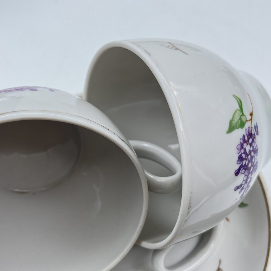 Набор из четырех чайных пар "Сирень", фарфор, деколь, золочение, Завод «Красный фарфорист» (Чудово, Грузинская фарфорово-фаянсовая фабрика), СССР, 1962-1971 гг.