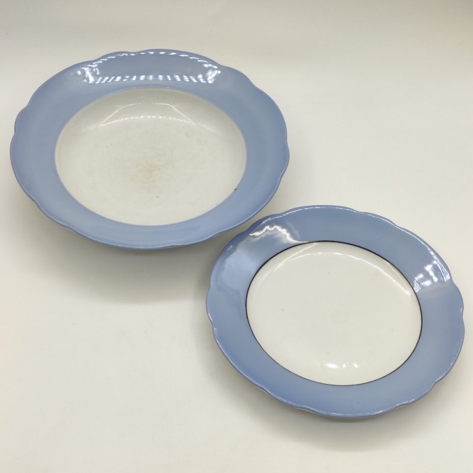 Набор из двух тарелок (суповая, десертная), фарфор, крытье, обводка, Дулевский фарфоровый завод (Дулёво), СССР, 1934-1936 гг.