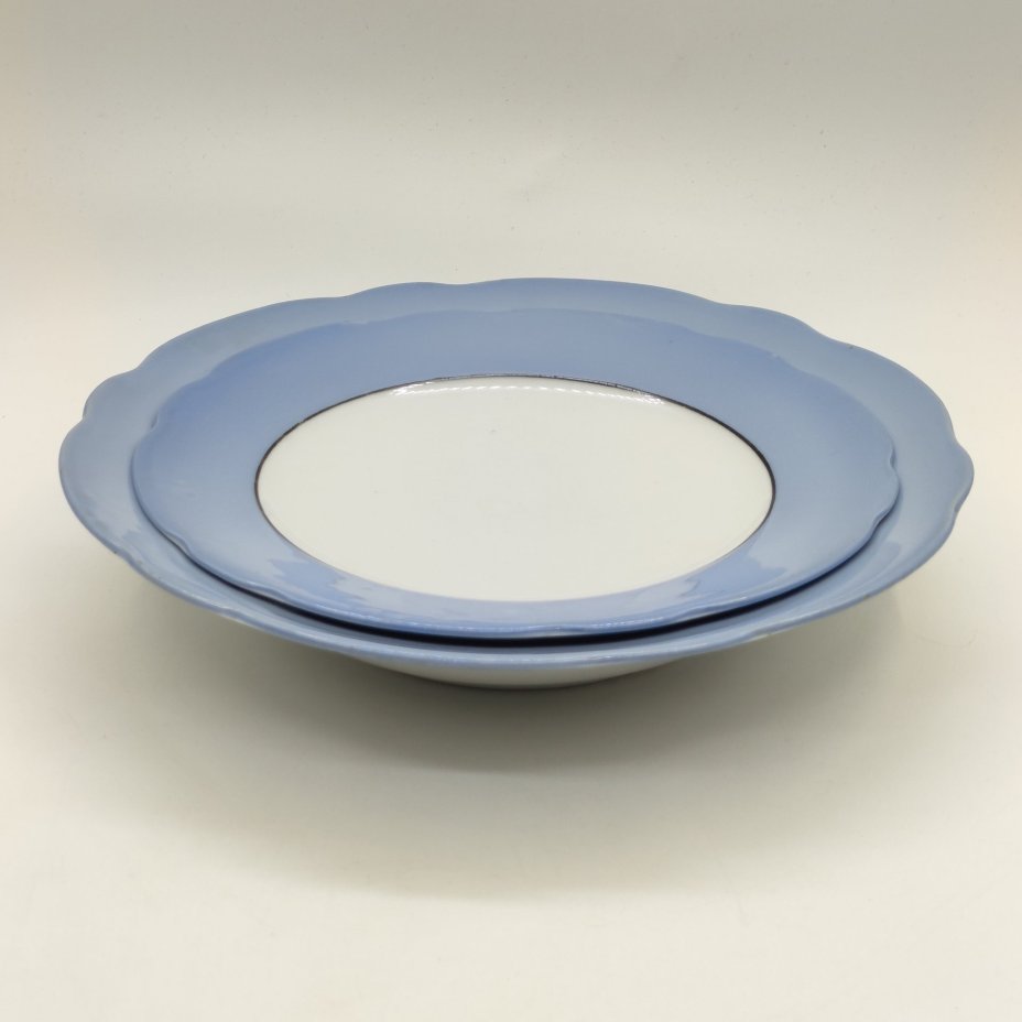 Набор из двух тарелок (суповая, десертная), фарфор, крытье, обводка, Дулевский фарфоровый завод (Дулёво), СССР, 1934-1936 гг.