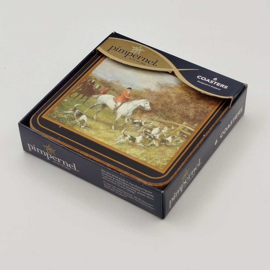 Набор подставок под стаканы с изображением сцен псовой охоты, на 6 персон, Pimpernel, дерево, пробка, Великобритания, 1990-2000 гг.