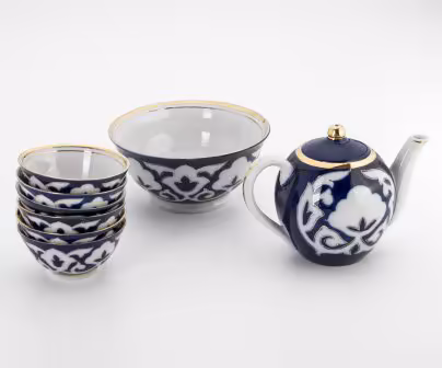 Чайный сервиз (8 предметов), украшен  орнаментом пахта, Ташкентский фарфоровый завод