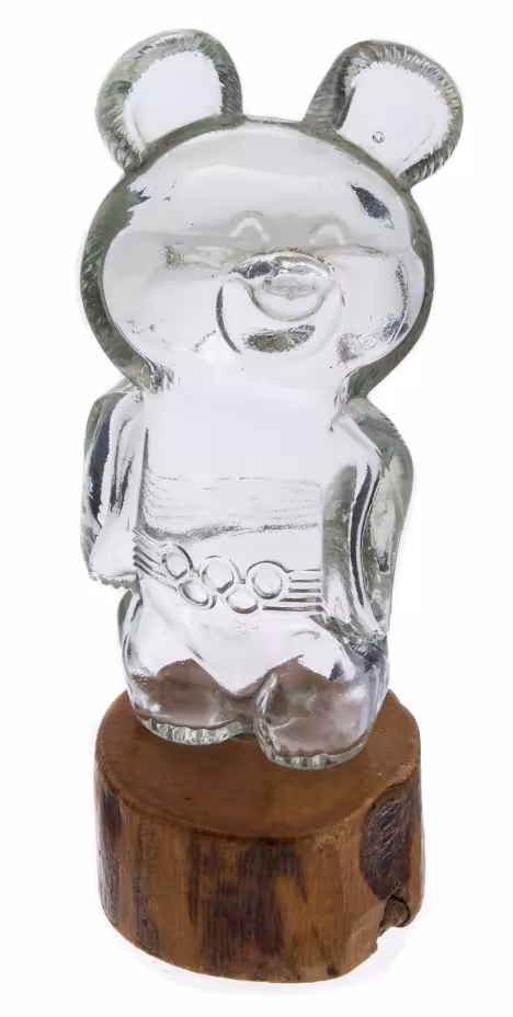 Флакон "Олимпийский мишка", стекло, дерево, СССР, 1980 гг.