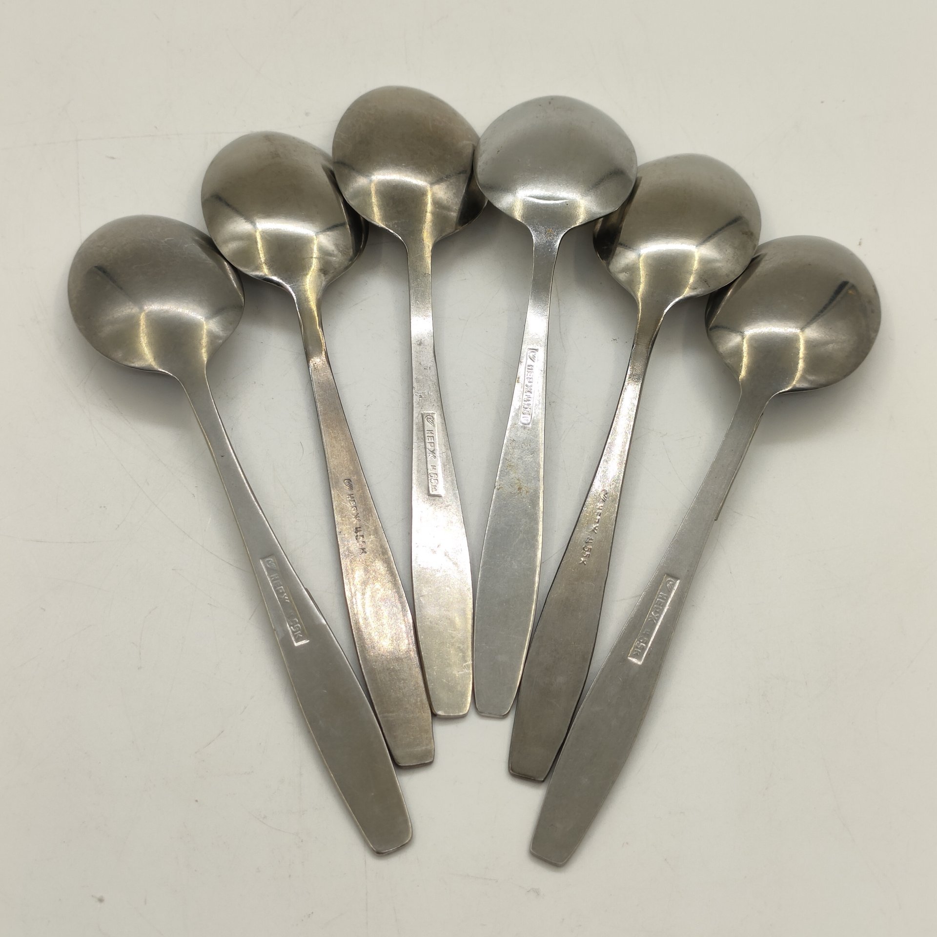 Набор из 6-ти чайных ложек с цветочным декором, Солнечногорский завод металлоизделий, нержавеющая сталь, СССР, 1960-1980 гг.