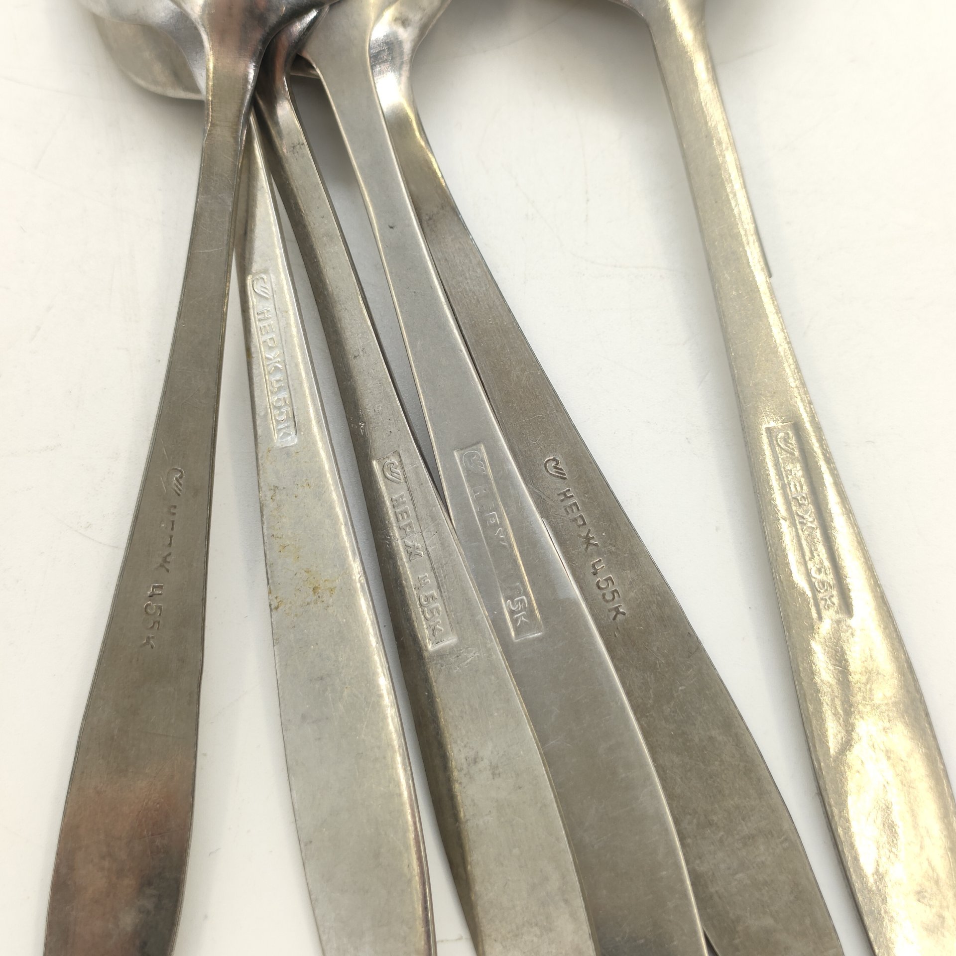 Набор из 6-ти чайных ложек с цветочным декором, Солнечногорский завод металлоизделий, нержавеющая сталь, СССР, 1960-1980 гг.