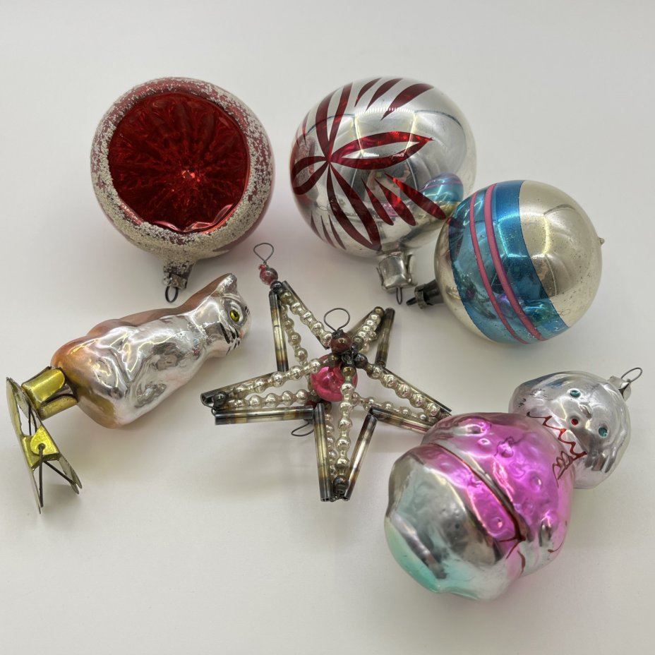 Набор из 6-ти винтажных ёлочных игрушек различных форм и расцветок, стекло, краска, металл, СССР, 1960-1980 гг.