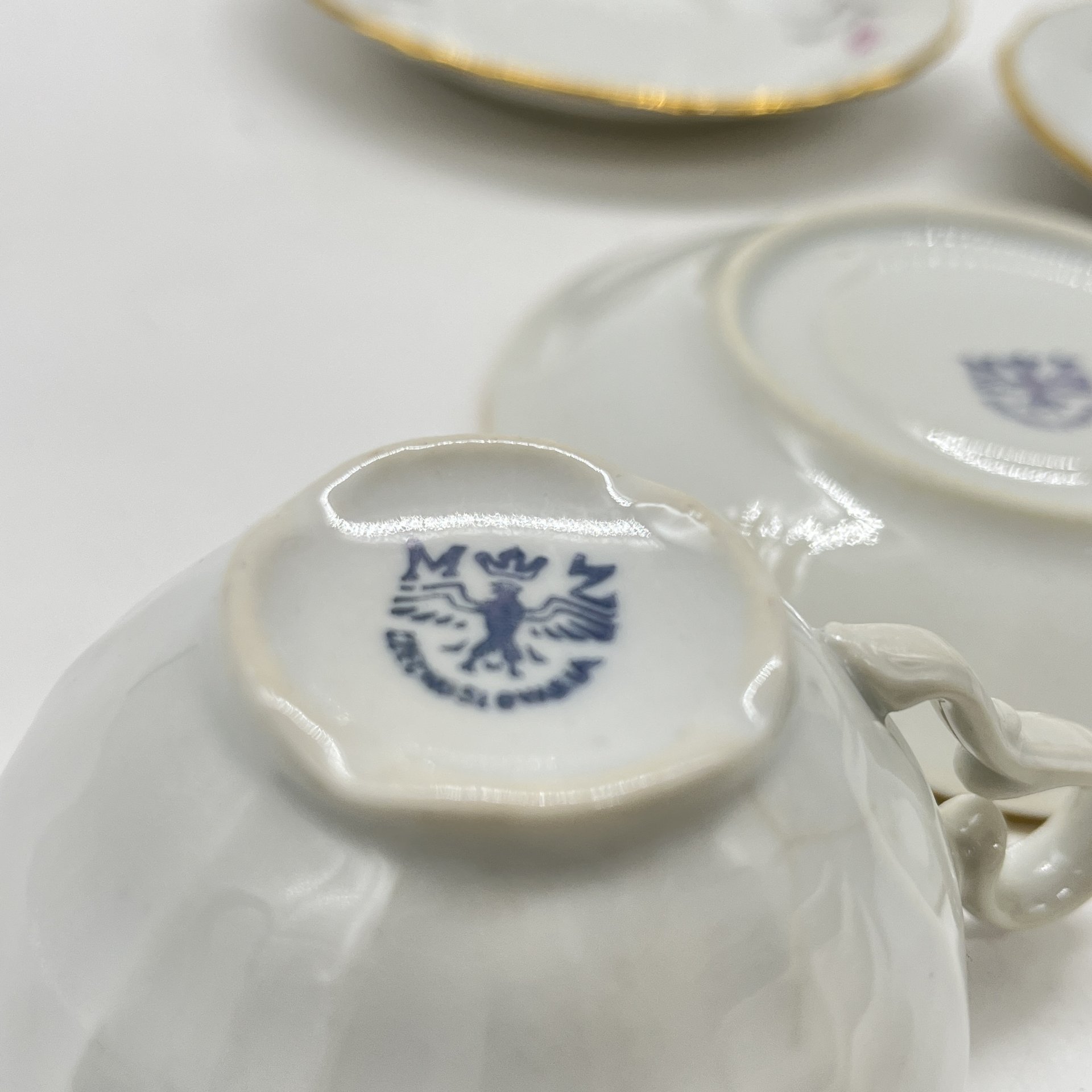 Набор из чайной пары и 2 блюдец с цветочным декором, фарфор, золочение, деколь, Moritz Zdekauer (MZ), Чехословакия, 1920-1950 гг.