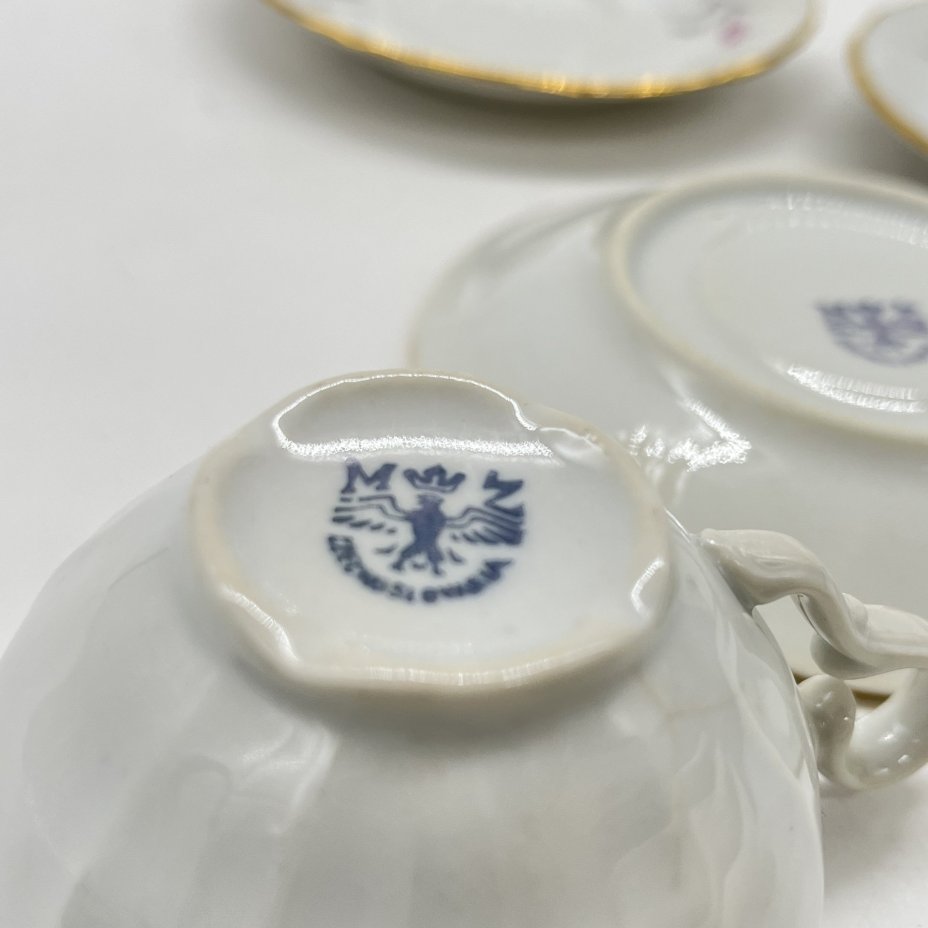 Набор из чайной пары и 2 блюдец с цветочным декором, фарфор, золочение, деколь, Moritz Zdekauer (MZ), Чехословакия, 1920-1950 гг.