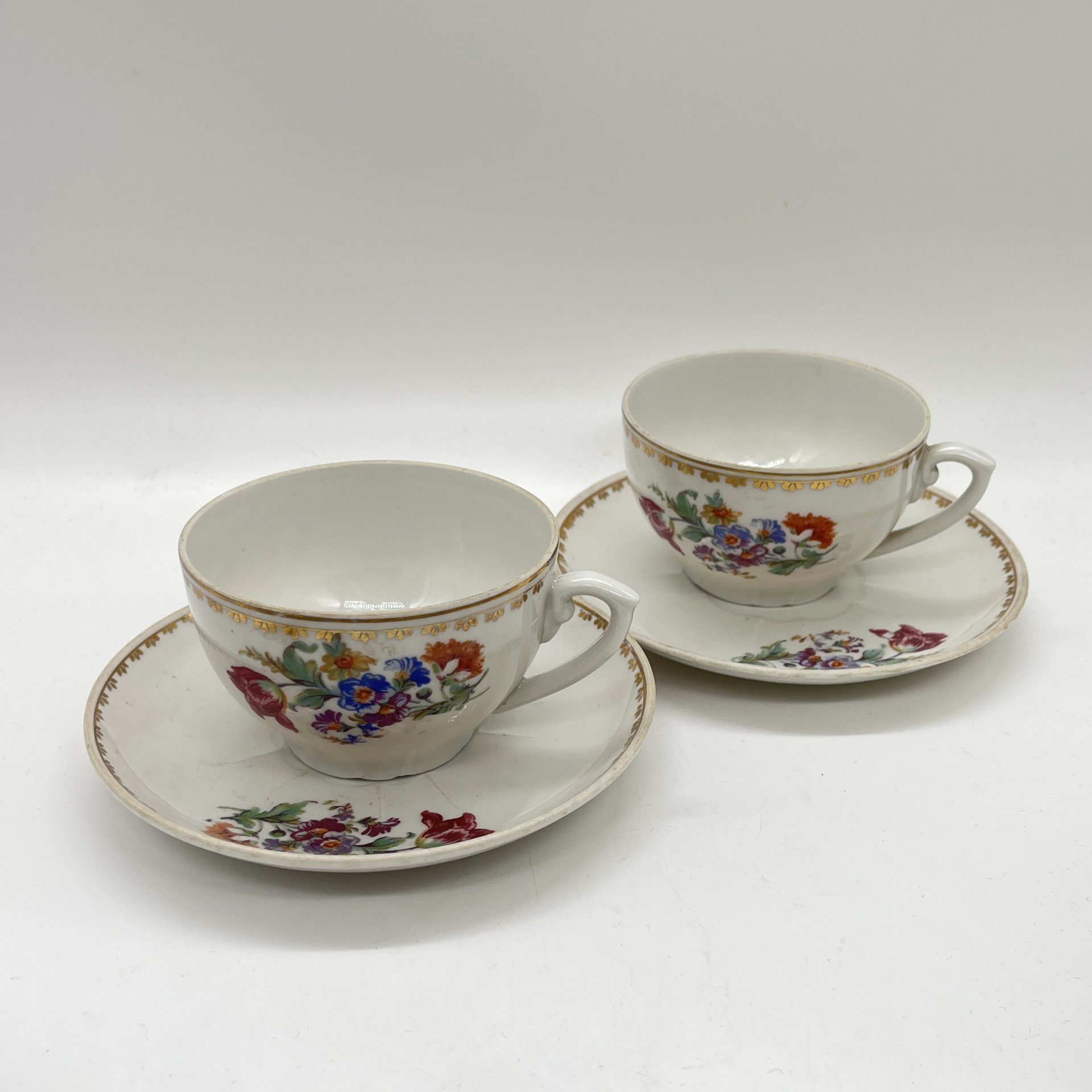 Набор из 2 чайных пар с цветочным декором, фарфор, деколь, золочение, Барановский фарфоровый завод, СССР, 1953-1957 гг.
