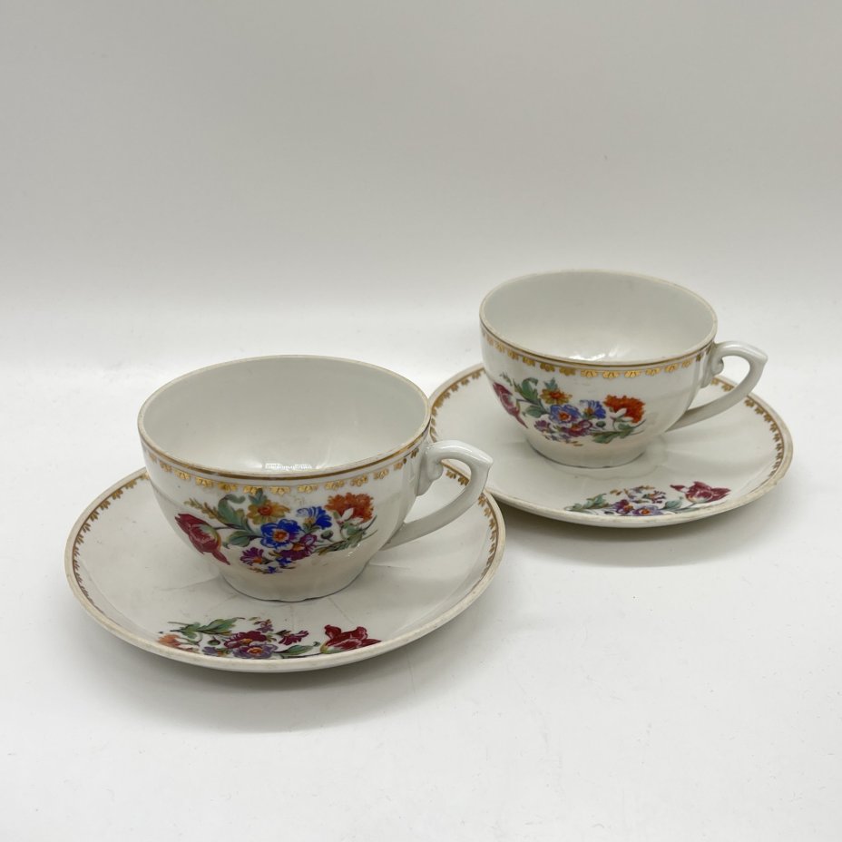Набор из 2 чайных пар с цветочным декором, фарфор, деколь, золочение, Барановский фарфоровый завод, СССР, 1953-1957 гг.