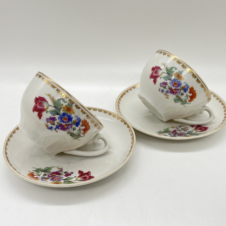 Набор из 2 чайных пар с цветочным декором, фарфор, деколь, золочение, Барановский фарфоровый завод, СССР, 1953-1957 гг.
