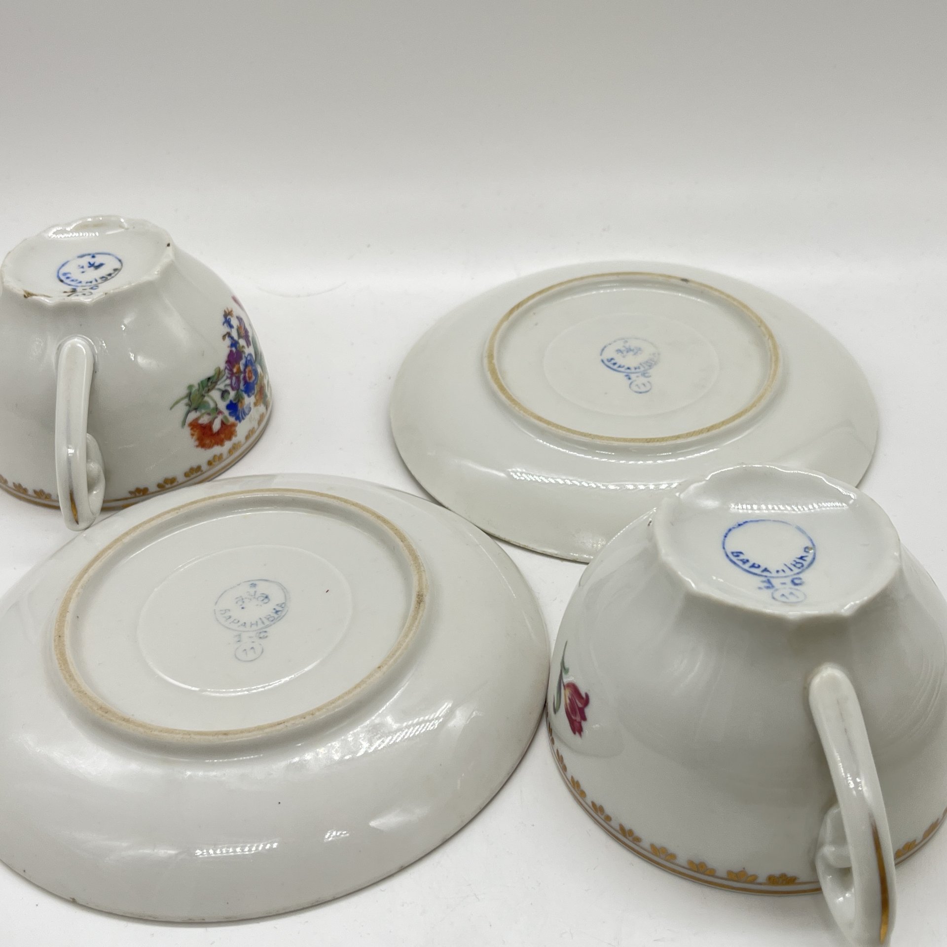 Набор из 2 чайных пар с цветочным декором, фарфор, деколь, золочение, Барановский фарфоровый завод, СССР, 1953-1957 гг.