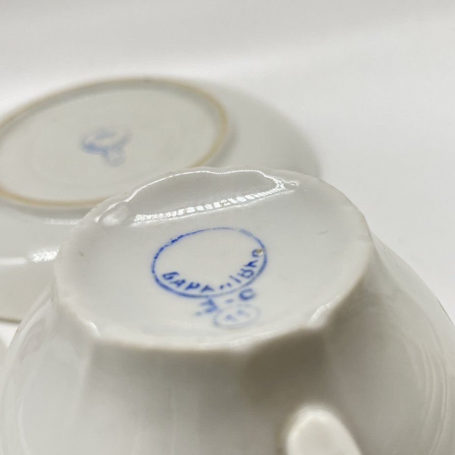 Набор из 2 чайных пар с цветочным декором, фарфор, деколь, золочение, Барановский фарфоровый завод, СССР, 1953-1957 гг.